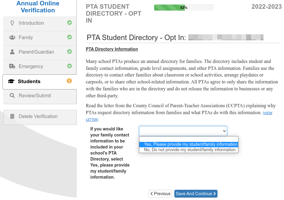 Screenshot showing how to opt-in to the online student directory
