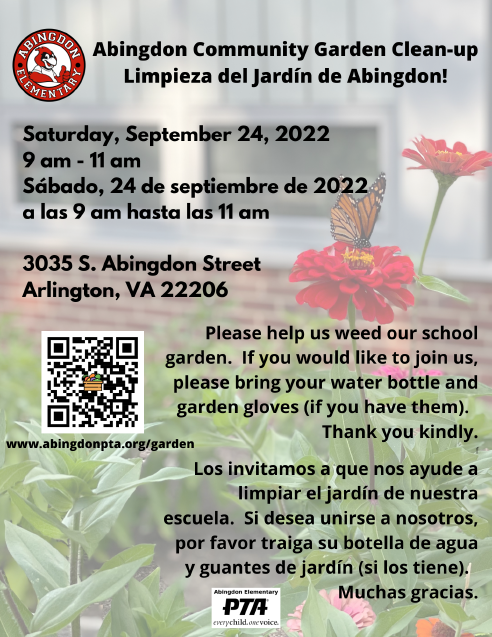 Abingdon Community Garden Cleanup flyer in English and Spanish