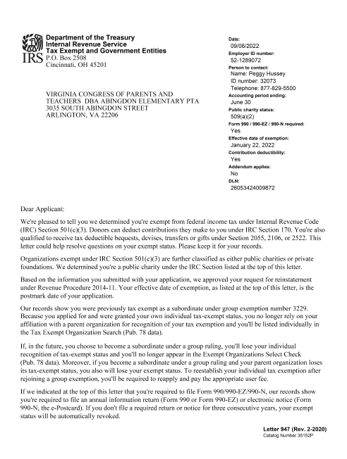 Page 1 of the IRS Reinstatement Letter