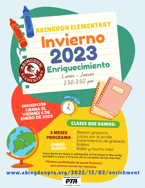 Winter Enrichment flyer in Spanish