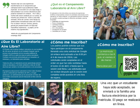 Outdoor Lab Summer Camp brochure in Spanish