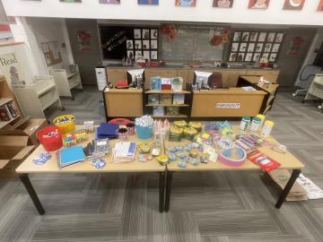 PTA-purchased supplies in the library for teachers to pick up
